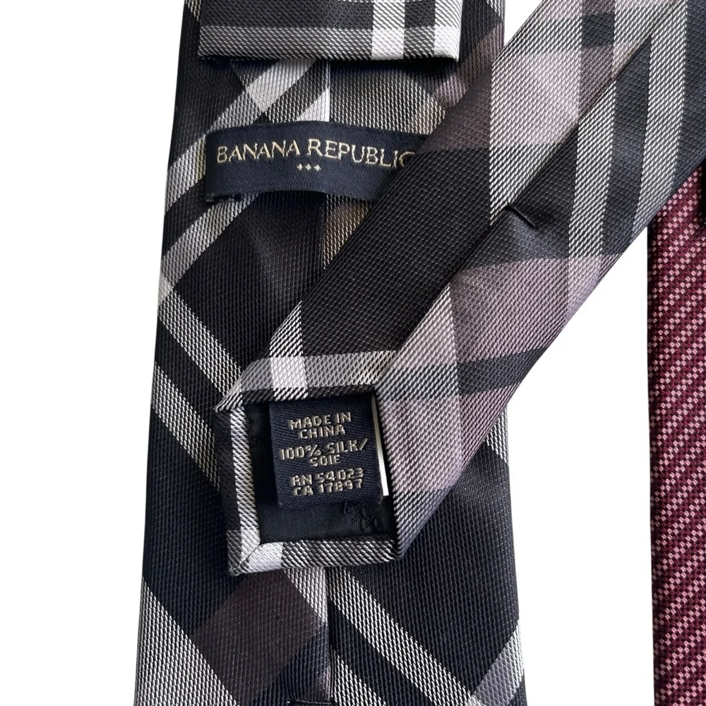 3 Banana Republic Factory Silk Ties Red Gray Plaid Stripes Paisley